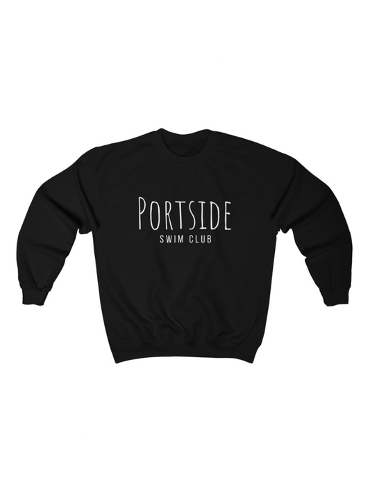 black crewneck sweatshirt that says "Portside Swim Club"