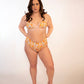 woman in orange print triangle bikini top and high hip high waisted mid coverage orange print bikini bottoms