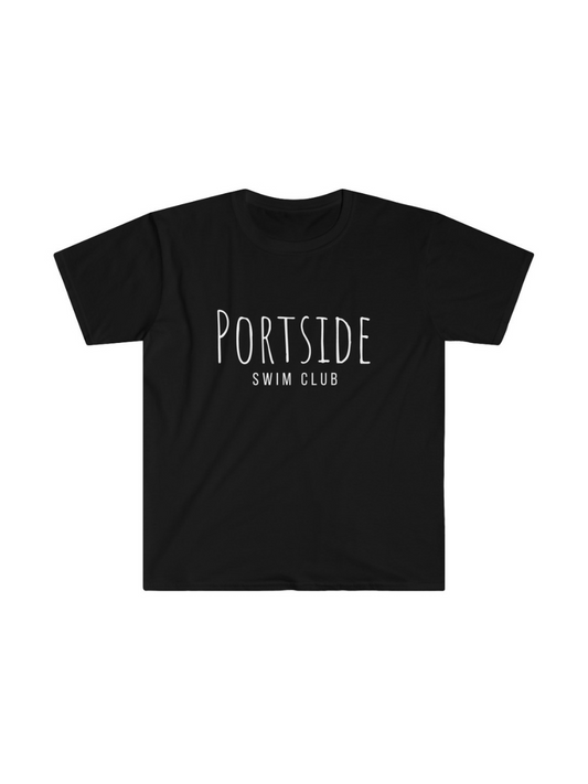 black t-shirt that says "Portside swim club" in white letters