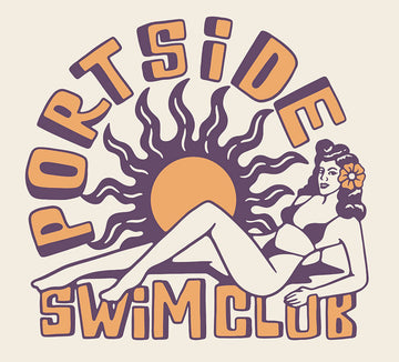 Logo for Portside Swim Club featuring a sun and a woman in a swimsuit.
