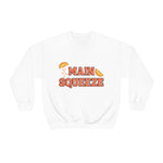 white crewneck sweatshirt with a graphic that says "main squeeze" in orang font with graphics of orange slices