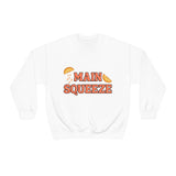 white crewneck sweatshirt with a graphic that says "main squeeze" in orang font with graphics of orange slices