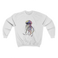 white crewneck sweatshirt with a graphic of a colorful jellyfish
