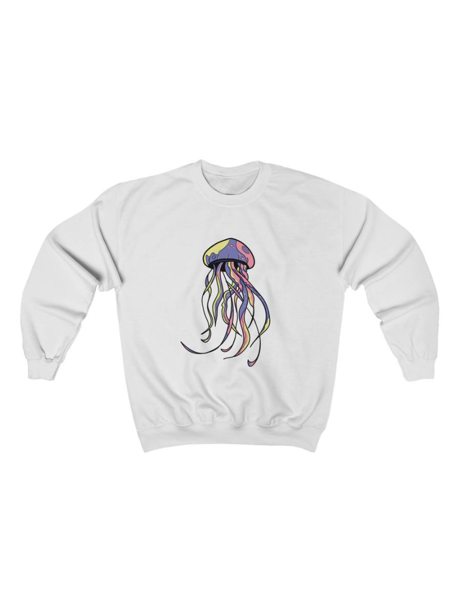 white crewneck sweatshirt with a graphic of a colorful jellyfish
