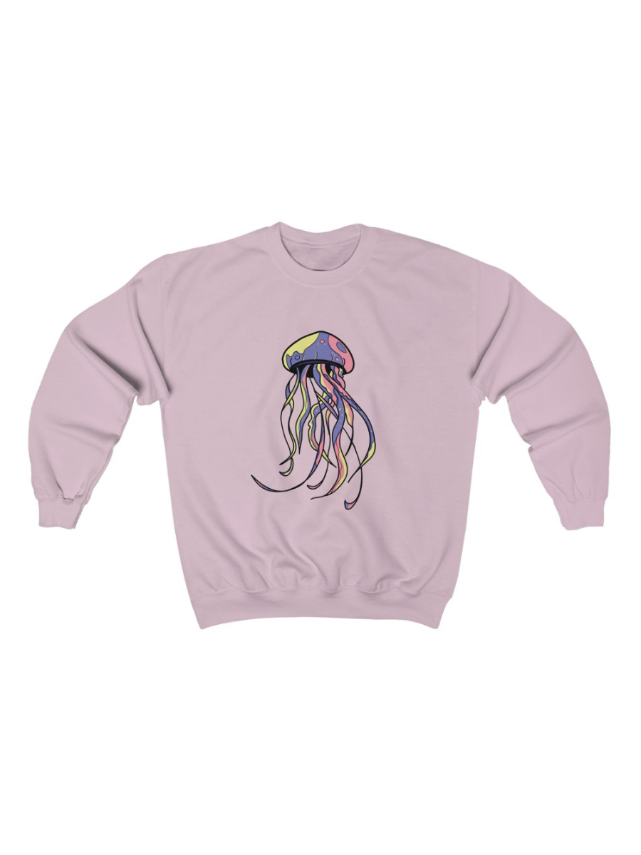 pink crewneck sweatshirt with a graphic of a colorful jellyfish