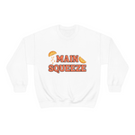 white crewneck sweatshirt with a graphic that says "main squeeze" in orang font with graphics of orange slices