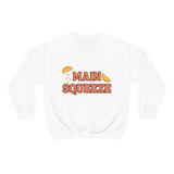 white crewneck sweatshirt with a graphic that says "main squeeze" in orang font with graphics of orange slices