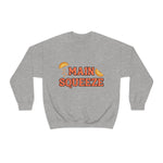 grey crewneck sweatshirt with a graphic that says "main squeeze" in orang font with graphics of orange slices