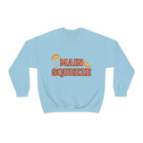 blue crewneck sweatshirt with a graphic that says "main squeeze" in orang font with graphics of orange slices