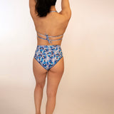 Blue floral bikini top double tied in back with mid coverage high waisted bikini bottoms